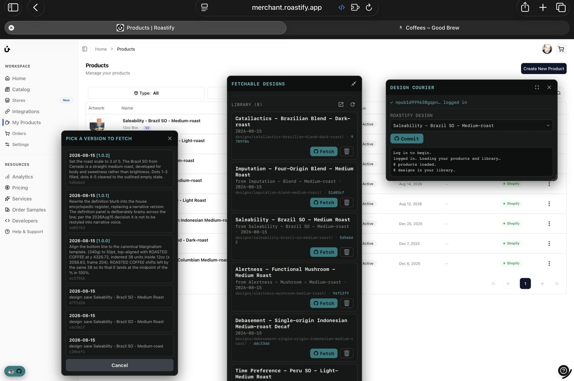 The Design Courier running on merchant.roastify.app: three floating windows — a git version picker, the fetchable-designs library, and the courier panel — over the live Roastify product list.